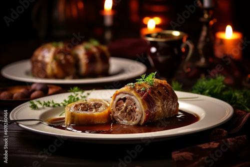 The German rouladen roll is served on a white ceramic plate. (Generative AI)