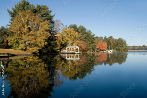 Boat docks on a lake in cottage country, Muskoka, Canada.