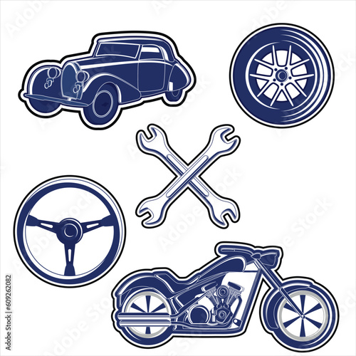 Automotive Vintage Car And Motorcycle Silhouette Blue Set