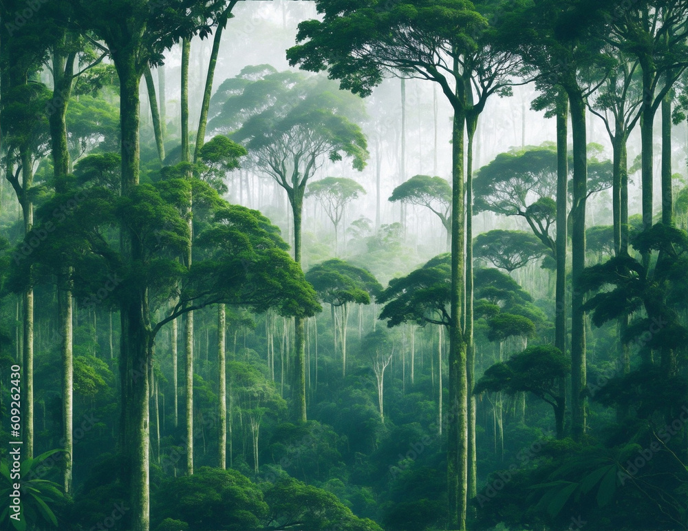 Illustration of the treetops of virgin rainforest at morning. diverse