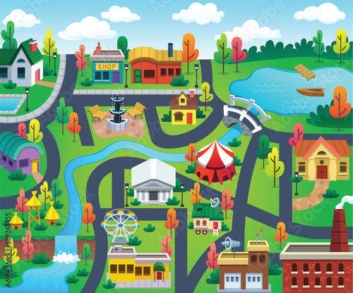 Town map for kids. City landscape for game screen. Nursery concept for bedding. Illustrations in child drawing style with small houses, lambs