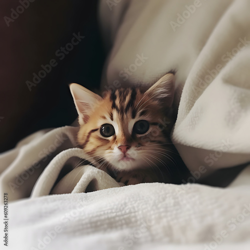 Cute kitten cat hidden under the blanket. AI generated