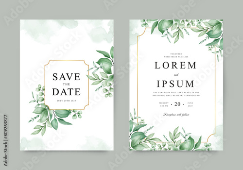 Greenery wedding invitation template with golden frame and watercolor foliage