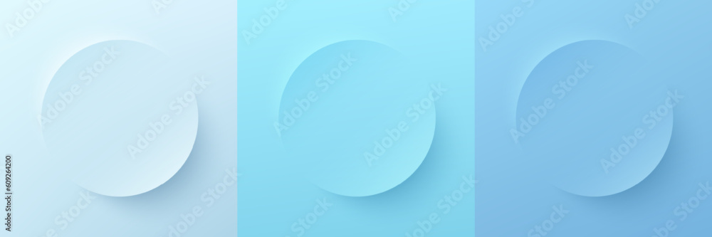Set of abstract light blue color 3D circle frame design in different shade for cosmetic product. Collection of trendy color geometric background with copy space. Top view pedestal scene. Vector EPS10