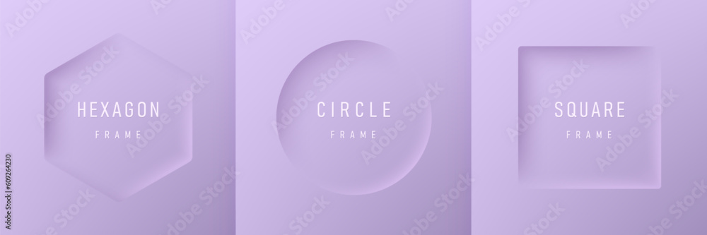 Set of realistic 3D geometric frames in hexagon, circle and square on lavender purple background. Minimal neumorphism frames background with copy space. Top view for product display. Light and Shadow. Set of realistic 3D geometric frames in hexagon, circle and square on lavender purple background. Minimal neumorphism frames background with copy space. Top view for product display. Light and Shadow.