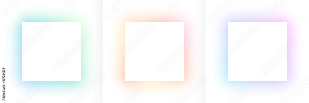 Set of lighting blue, pink-purple and green square frames on white background. Abstract 3D cosmic color backdrop. Collection of glowing neon color on geometric background with copy space. Top view. Set of lighting blue, pink-purple and green square frames on white background. Abstract 3D cosmic color backdrop. Collection of glowing neon color on geometric background with copy space. Top view.