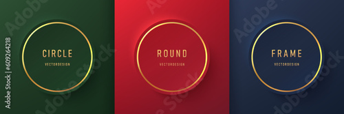 Set of blue, red and dark green 3D round circle board frame background with golden lines. Abstract pedestal scene for product display in top view. Collection of luxury geometric badge with copy space.