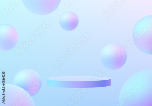 3D background realistic cylinder pedestal podium with bounce blue blue hologram color balls. Wall minimal scene. Mockup product display. Abstract geometric platforms. Stage showcase. Vector rendering.