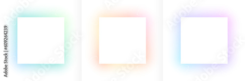 Set of lighting blue, pink-purple and green square frames on white background. Abstract 3D cosmic color backdrop. Collection of glowing neon color on geometric background with copy space. Top view.