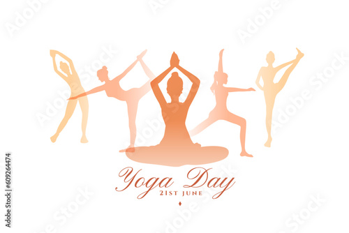 world yoga day background group of five women doing exercise