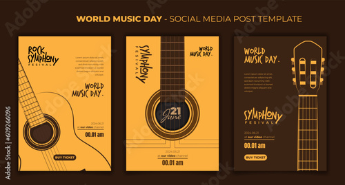 social media post template for music day with acoustic guitar background in yellow and brown design