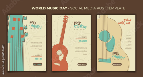 Social media template with flat acoustic guitar in vintage background for world music day design