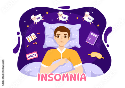 Insomnia Vector Illustration with Young People Unable to Sleep, Thinking and Eyes Open at Night Bedroom in Flat Cartoon Hand Drawn Templates