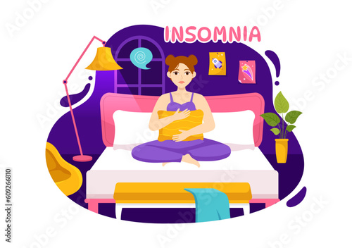 Insomnia Vector Illustration with Young People Unable to Sleep, Thinking and Eyes Open at Night Bedroom in Flat Cartoon Hand Drawn Templates