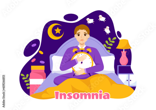 Insomnia Vector Illustration with Young People Unable to Sleep, Thinking and Eyes Open at Night Bedroom in Flat Cartoon Hand Drawn Templates