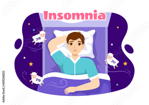 Insomnia Vector Illustration with Young People Unable to Sleep, Thinking and Eyes Open at Night Bedroom in Flat Cartoon Hand Drawn Templates