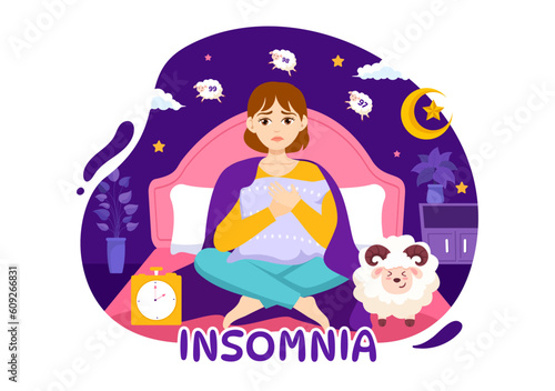 Insomnia Vector Illustration with Young People Unable to Sleep, Thinking and Eyes Open at Night Bedroom in Flat Cartoon Hand Drawn Templates