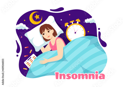 Insomnia Vector Illustration with Young People Unable to Sleep, Thinking and Eyes Open at Night Bedroom in Flat Cartoon Hand Drawn Templates