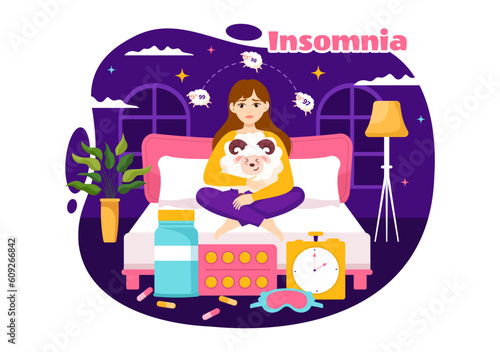 Insomnia Vector Illustration with Young People Unable to Sleep, Thinking and Eyes Open at Night Bedroom in Flat Cartoon Hand Drawn Templates