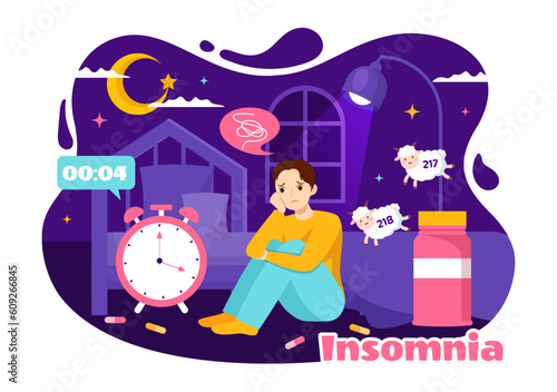 Insomnia Vector Illustration with Young People Unable to Sleep, Thinking and Eyes Open at Night Bedroom in Flat Cartoon Hand Drawn Templates