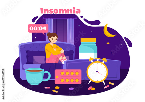 Insomnia Vector Illustration with Young People Unable to Sleep, Thinking and Eyes Open at Night Bedroom in Flat Cartoon Hand Drawn Templates