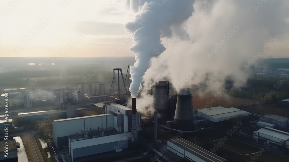 
An aerial view of a vast industrial production area with factories emitting thick smoke, polluting the surrounding air. Topics of air pollution and global warming.