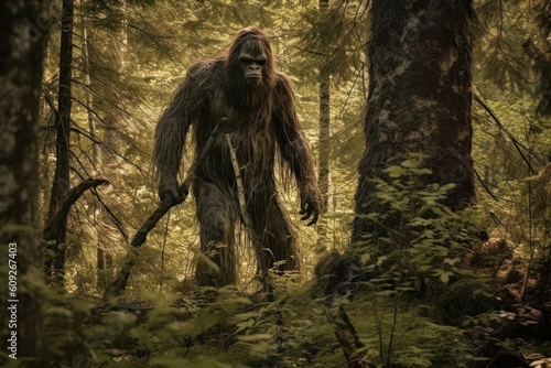 mysterious bigfoot sighting in the deep forest, generative AI illustration photo