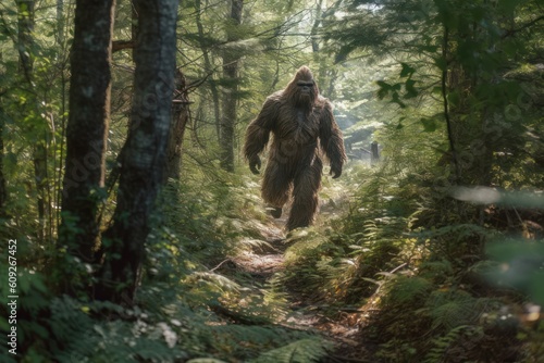 mysterious bigfoot sighting in the deep forest, generative AI illustration photo