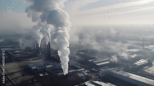 From an aerial perspective, one can observe a sprawling industrial complex where massive factories release dense smoke, contaminating the air in their vicinity. AI generative image. 