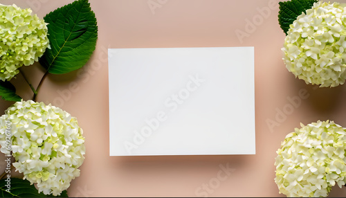 leaves and flowers, Invitation card mockup with hydrangea flowers on beige pastel background, design, floral, nature, autumn, album, AI generated