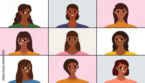 Concept of web communication, videoconference, online class. Group of black women