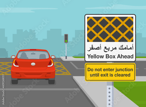 Driving tips and traffic regulation rules. Do not enter junction until exit is cleared. Back view of a car moving at yellow junction box. Flat vector illustration template.