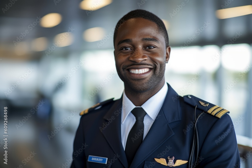 Man In His 30s That Is Wearing A Pilot's Uniform Against An Airport 