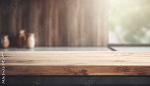 Beautiful empty brown wooden table top and blurred defocused modern kitchen interior background with daylight flare, product montage display. generative ai