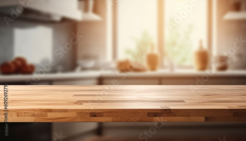 Beautiful empty brown wooden table top and blurred defocused modern kitchen interior background with daylight flare  product montage display. generative ai