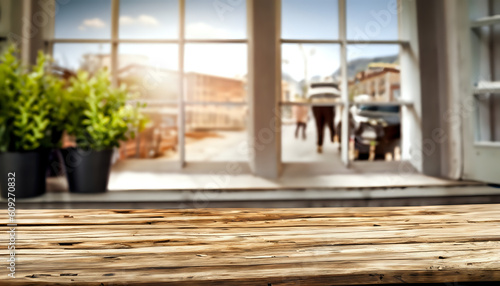interior of modern building, street on wooden table interior, wallpaper, Spring sunny day background, free space for your decoration.png  © Yasir