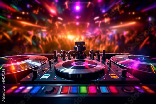 Club Concert Party Musical EDM Sound on Stage Show DJ . Bokeh Blur Background Generative AI