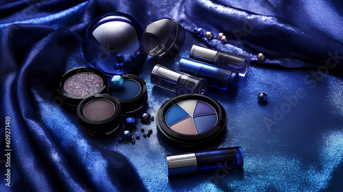 luxury set of makeup on blue silk fabric . generative ai photo