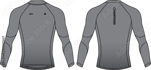 Long sleeve Compression running base layer top t shirt flat sketch design illustration, Tight fit top design vector template, Active wear compression top concept with front and back view