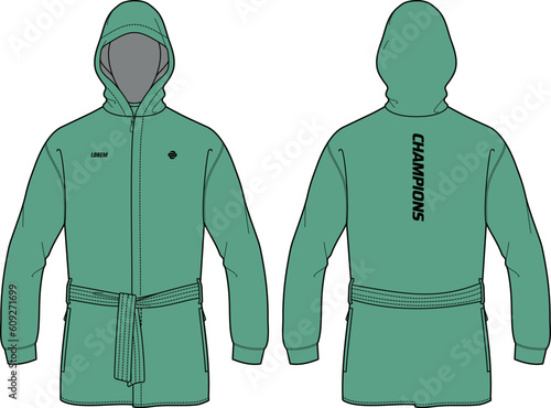 Long sleeve kimono Hoodie jacket sweatshirt design flat sketch Illustration, recovery Hooded jacket with front and back view, winter jacket for Men and women for training, Running and workout
