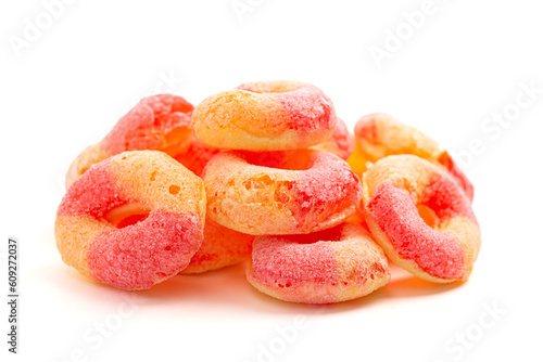 Freeze Dried Peach Ring Candies Isolated on a White Background