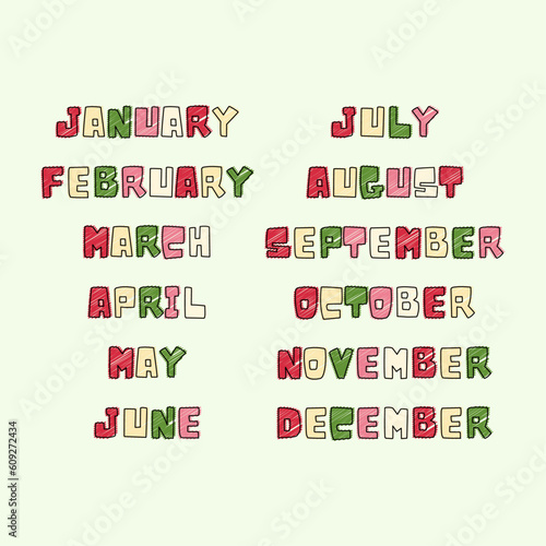 Set of 12month name with scratch hand lettering flat design