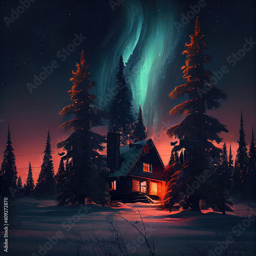 northern lights on a small house in the woods. Generative AI.