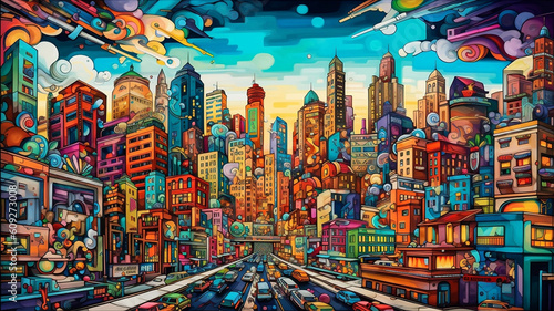 Cityscape background illustration in mosaic style. Generative AI © SRITE KHATUN