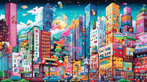 Cityscape background illustration in mosaic style. Generative AI © SRITE KHATUN