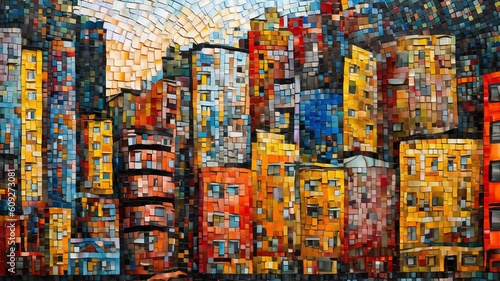 Cityscape background illustration in mosaic style. Generative AI