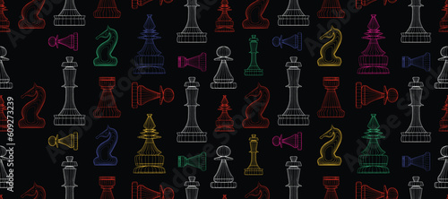 Seamless Pattern with Chess Pieces on Black background in Abstract & 3D wireframe Style with Colourful Colours for fabric, event, wallpaper etc. pattern is on swatches panel.