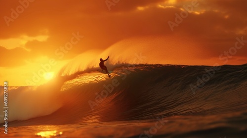 Surfer silhouette riding the sunset wave. Generative AI.