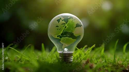 A light bulb adorned with a green world map pattern is placed on a green lawn. This scene promotes the themes of green environmentalism, renewable energy, and sustainable energy utilization. 3d render