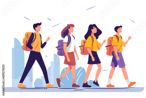 High school students with backpacks go to school. Schoolchildren with school backpacks go to school. A group of cheerful schoolchildren. vector illustration
